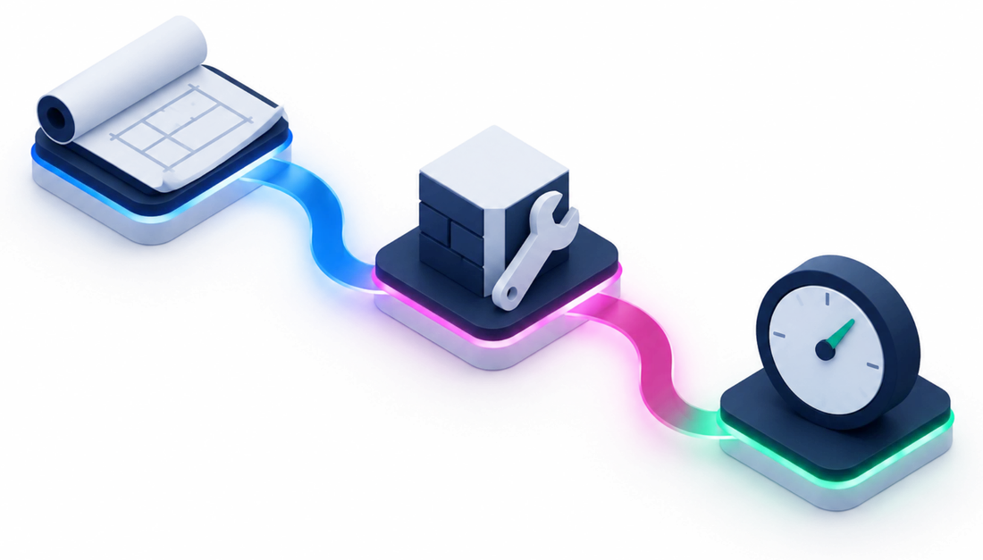 Illustration: a blueprint, a build block with a wrench, and a gauge connected by a flowing path.